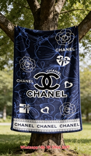 Chanel Navy Blue Floral Flannel Sofa Throw Blanket with Colorless IMG_6863